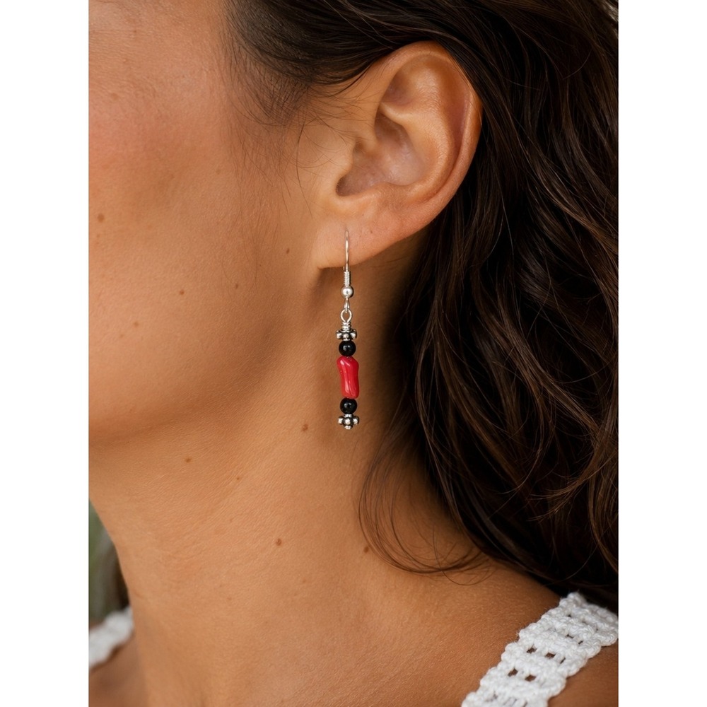 Vintage Red Coral Look Acrylic Dangle Earrings Black Bead Boho 2"
